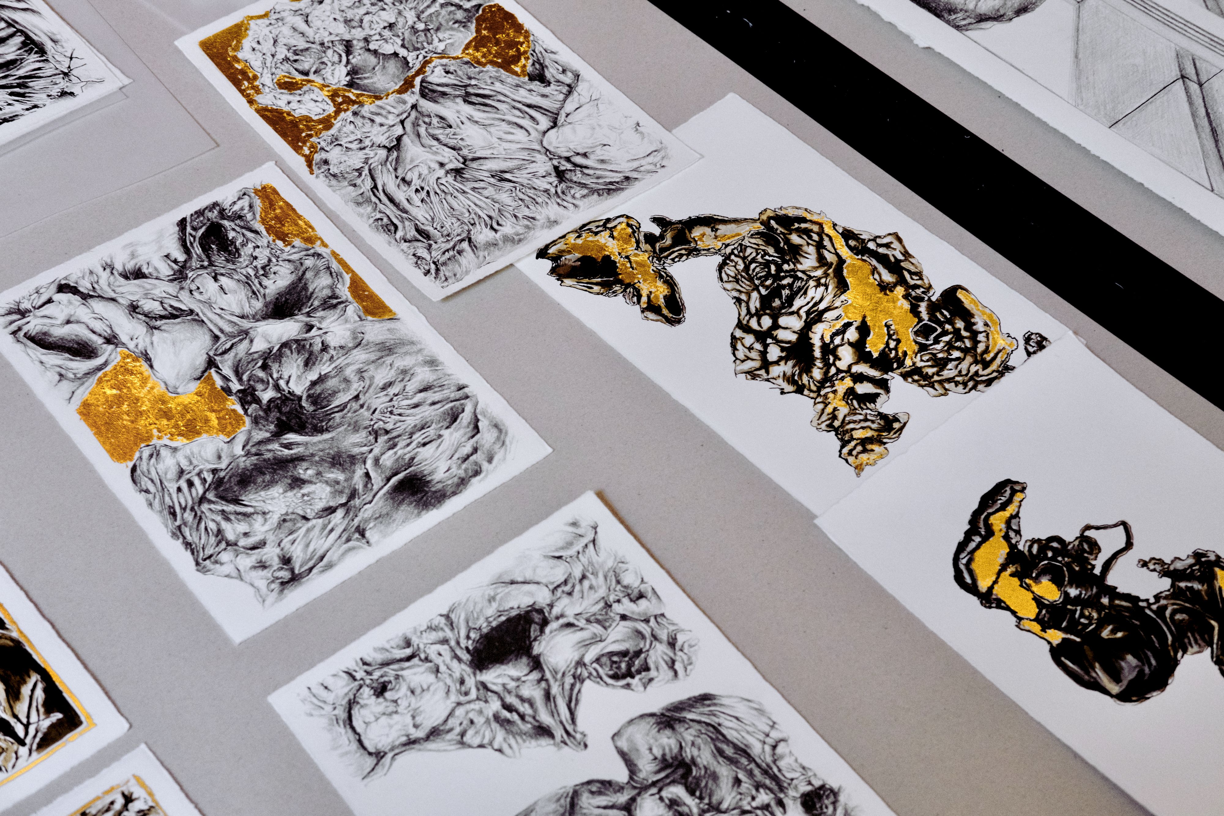Bilder aus der Serie Kardia von Mariella Kerscher; Graphit, je 21 x 14,7 cm, Tusche und 22 Karat Blattgold auf Papier